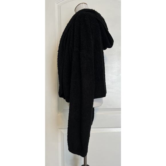 FAVLUX Fluffy Black Sherpa Teddy Open Front Jacket Coat Fall Spring Soft Cozy L - Picture 3 of 8